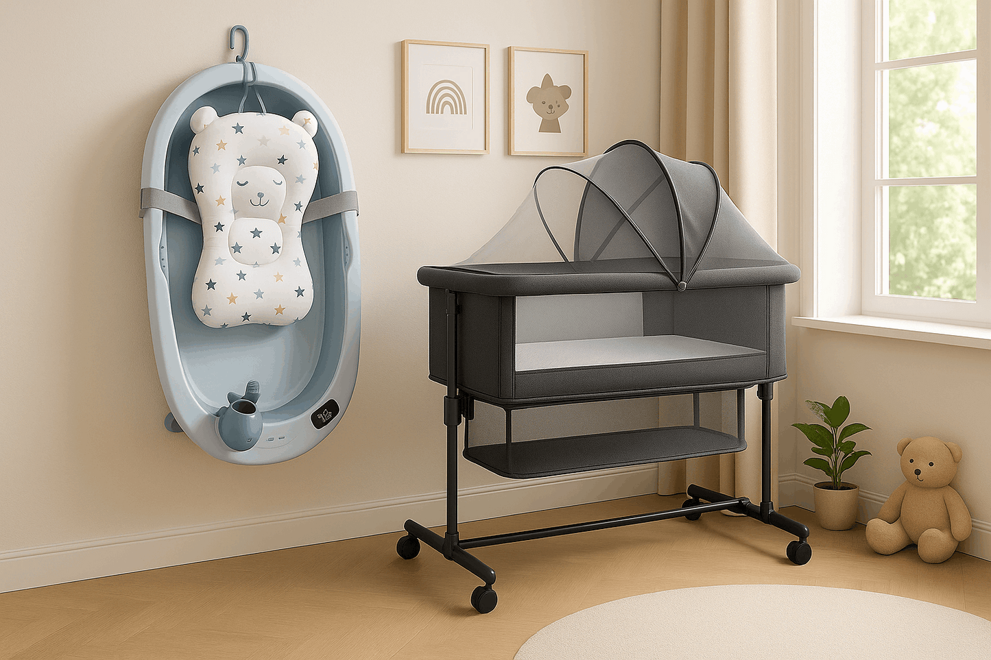 Pack Dulces Sueños y Baños Cuna Colecho L-Dream + Bañera azul
