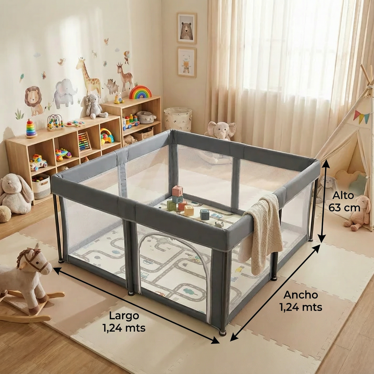 PREVENTA Corral para bebe de seguridad plegable + Alfombra antigolpe Gris
