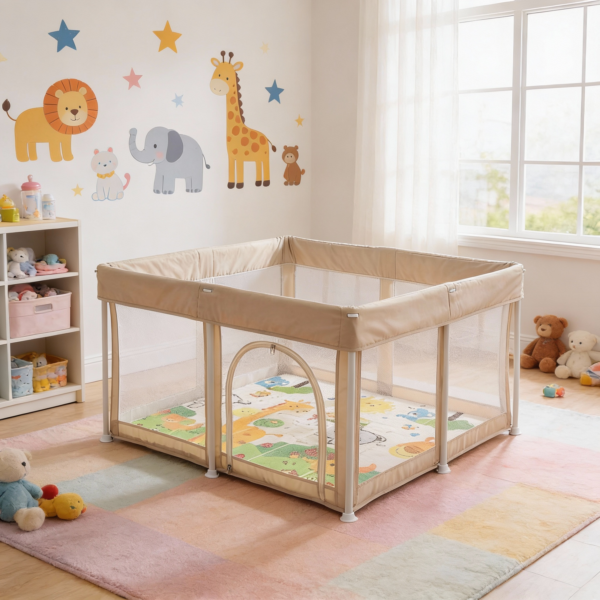 PREVENTA Corral para bebe de seguridad plegable + Alfombra antigolpe Beige