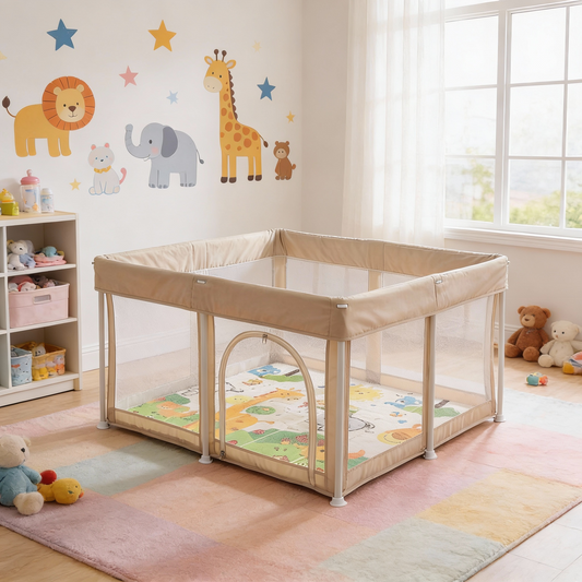 Corral para bebe de seguridad plegable + Alfombra antigolpe Beige