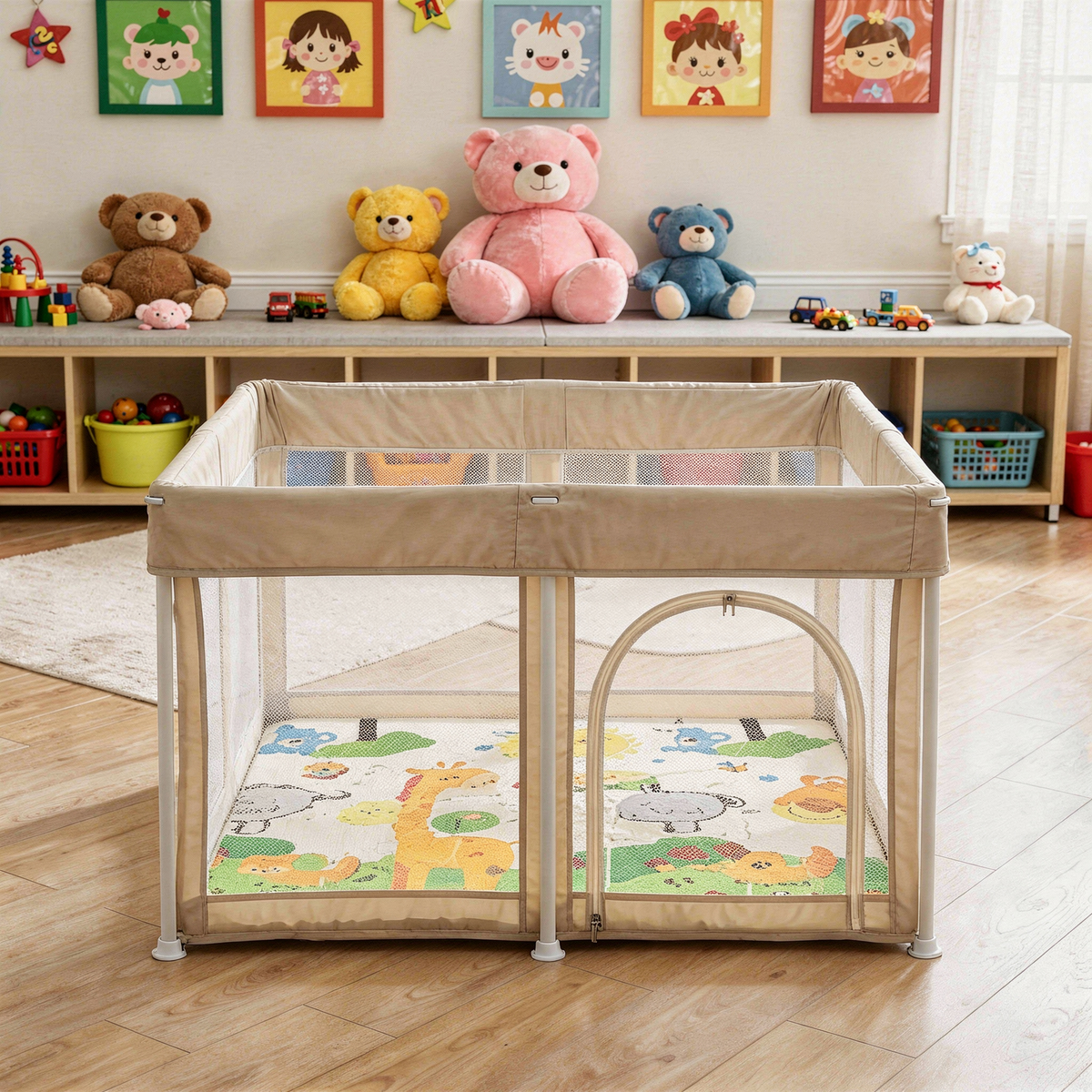 PREVENTA Corral para bebe de seguridad plegable + Alfombra antigolpe Beige