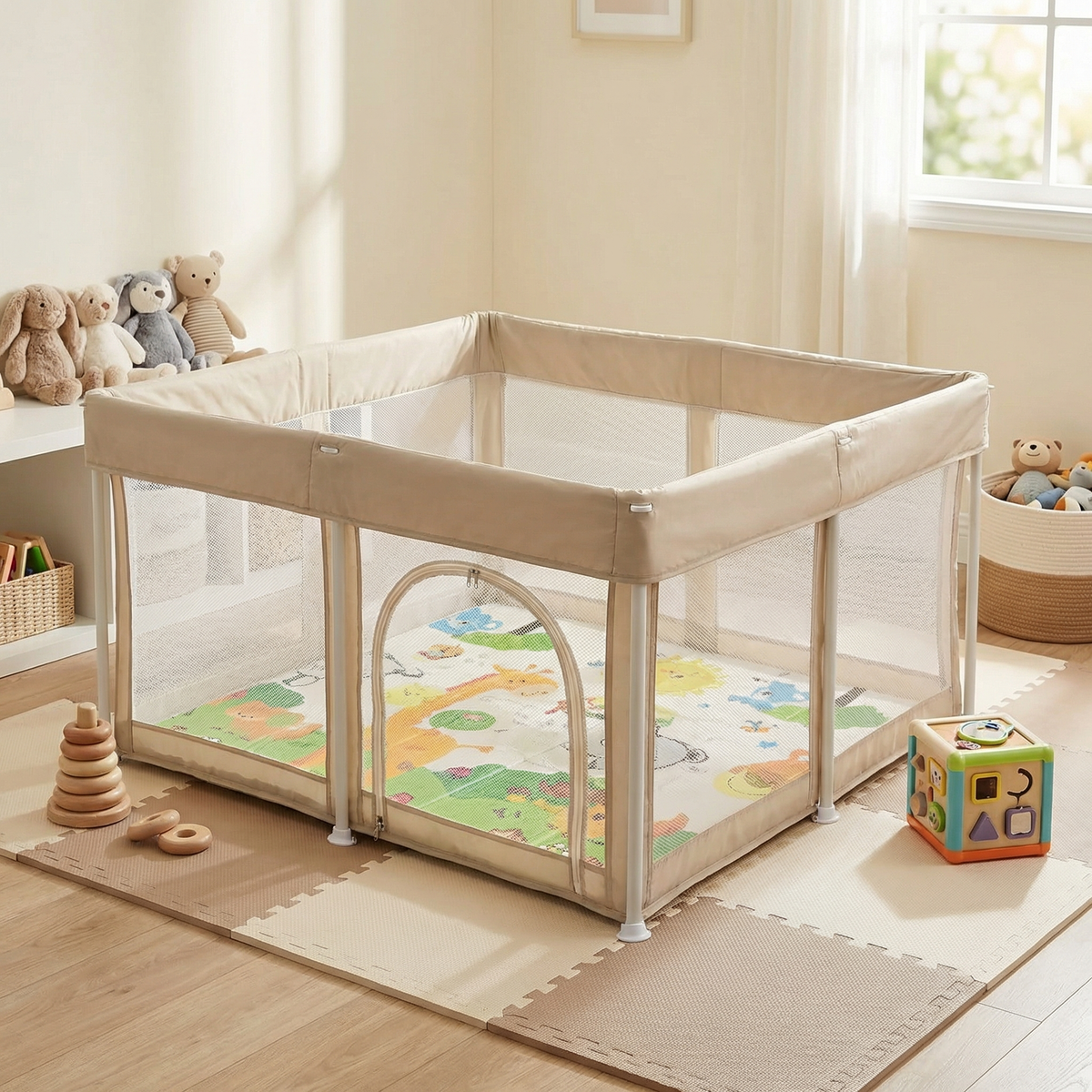 PREVENTA Corral para bebe de seguridad plegable + Alfombra antigolpe Beige