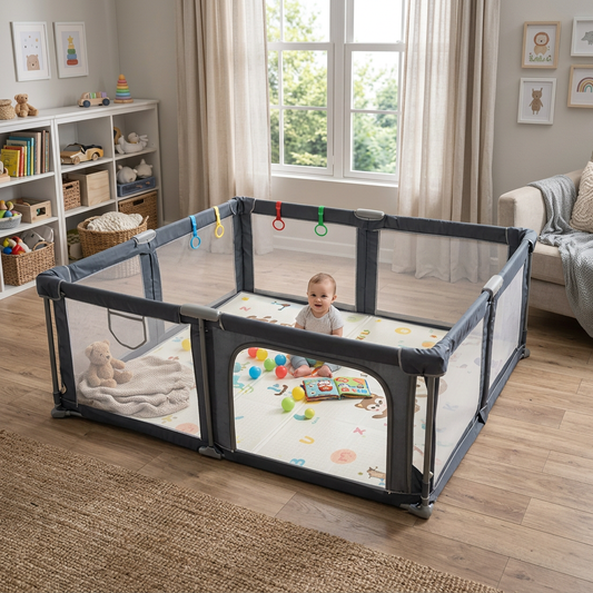 Corral de seguridad plegable para bebé 150×180 cm con accesorios gris