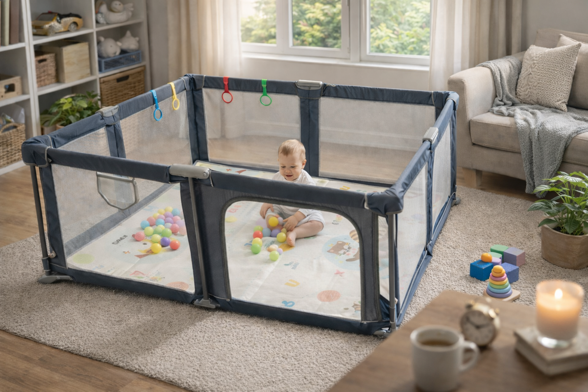 PREVENTA Corral de seguridad plegable para bebé 180×200 cm con accesorios gris