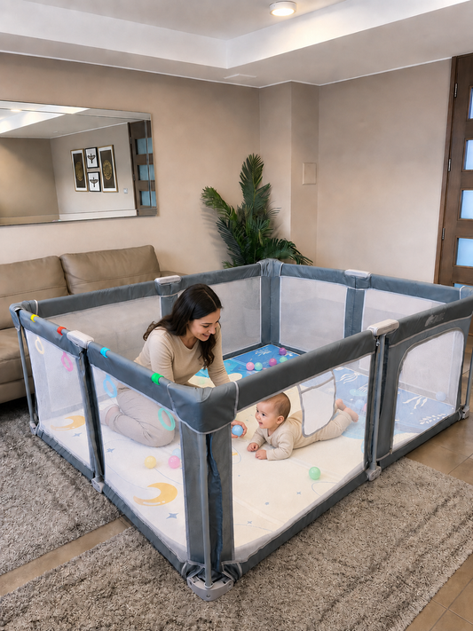 Corral de seguridad plegable para bebé 180×200 cm con accesorios gris