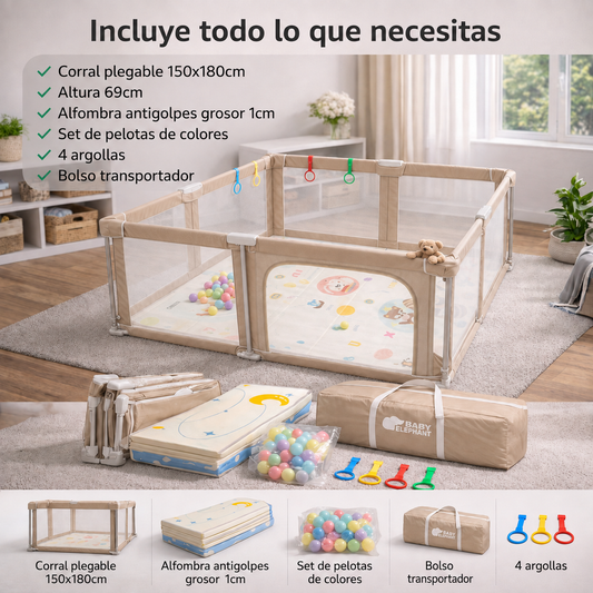 Corral de seguridad plegable para bebé 150×180 cm con accesorios beige