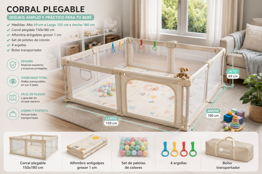 Corral de seguridad plegable para bebé 150×180 cm con accesorios beige