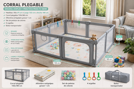 Corral de seguridad plegable para bebé 150×180 cm con accesorios gris