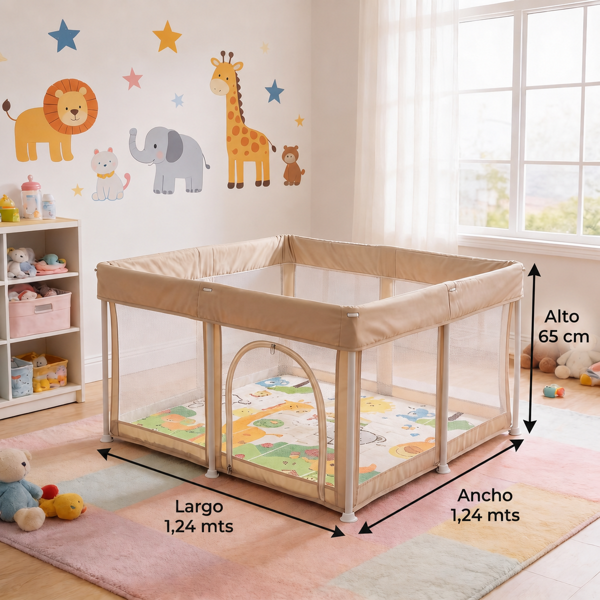 Corral para bebe de seguridad plegable 124x124cm + Alfombra antigolpe Beige