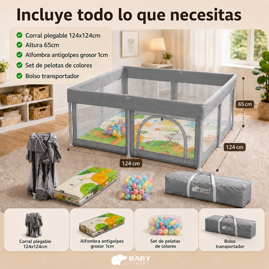 Corral para bebe de seguridad plegable  124x124cm+ Alfombra antigolpe Gris