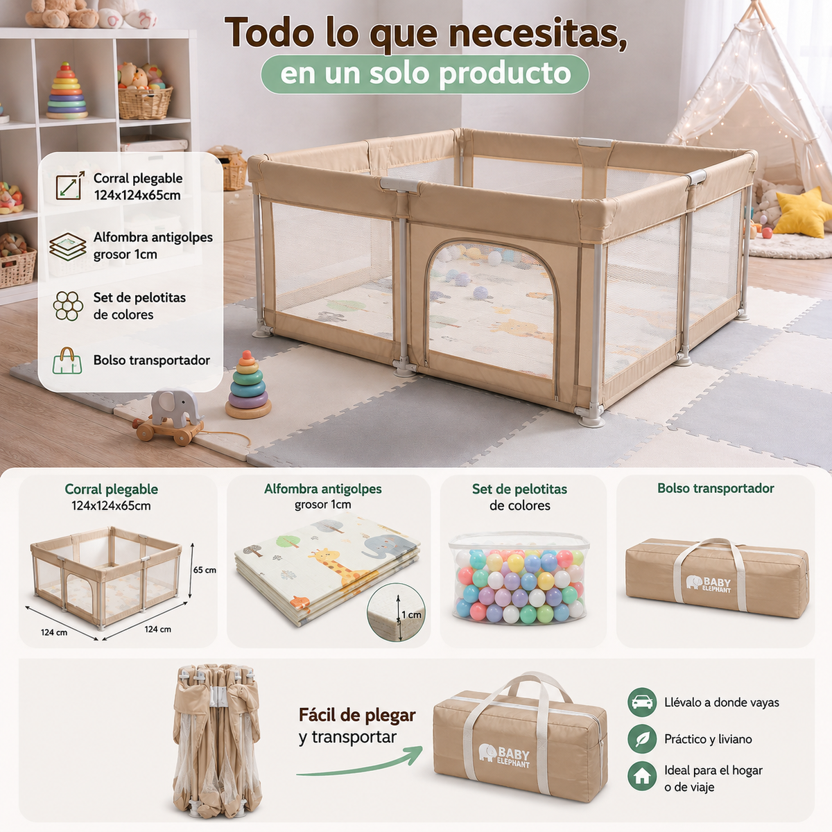 Corral para bebe de seguridad plegable 124x124cm + Alfombra antigolpe Beige