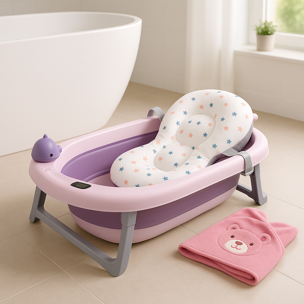 Bañera plegable con termómetro morada con cojín de apoyo