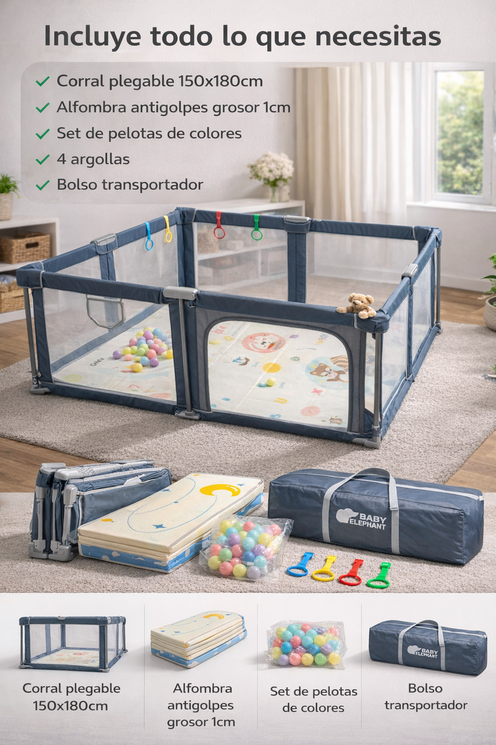 PREVENTA Corral de seguridad plegable para bebé 150×180 cm con accesorios