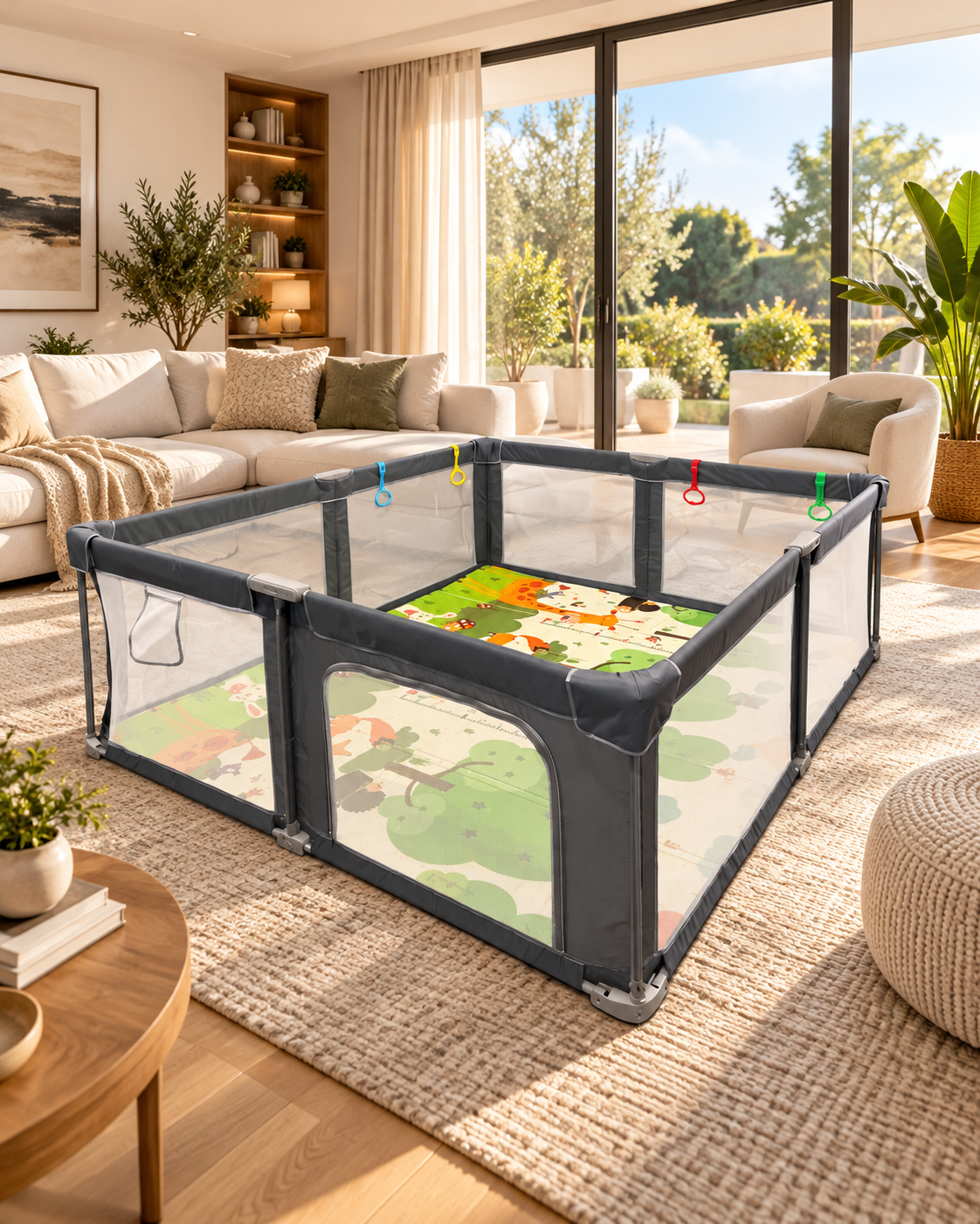 Corral de seguridad plegable para bebé 180×200 cm con accesorios gris