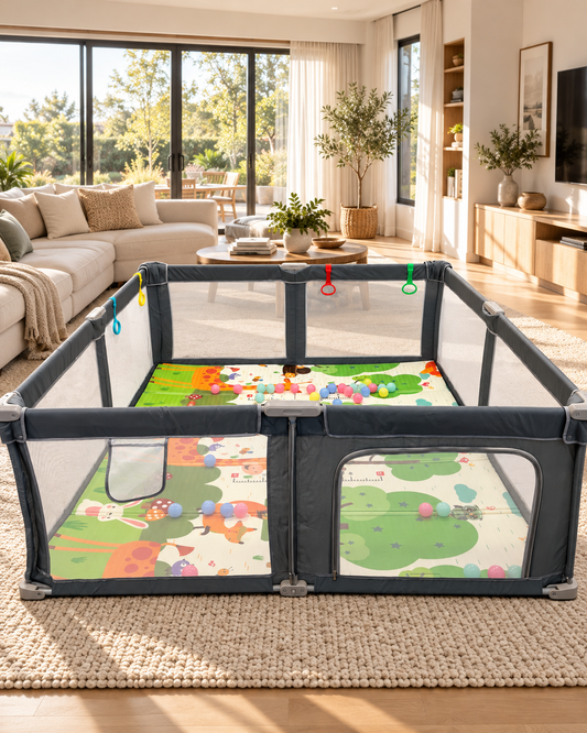 PREVENTA Corral de seguridad plegable para bebé 180×200 cm con accesorios gris