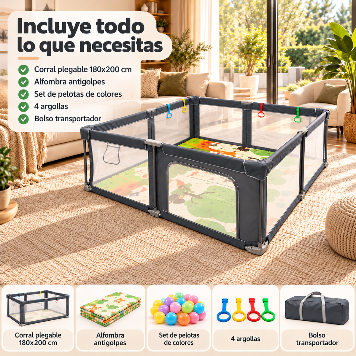 Corral de seguridad plegable para bebé 180×200 cm con accesorios gris