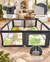 Corral de seguridad plegable para bebé 180×200 cm con accesorios gris