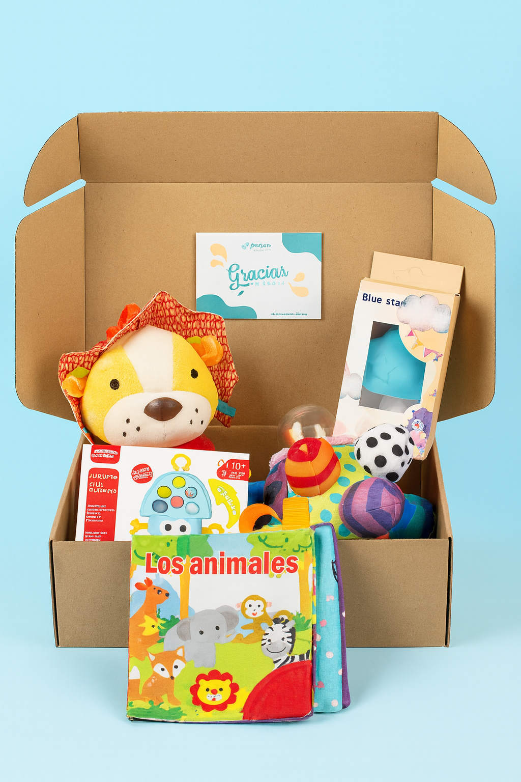 Box Sensorial de Estimulación para Bebé – 5 Artículos de Desarrollo Temprano. león
