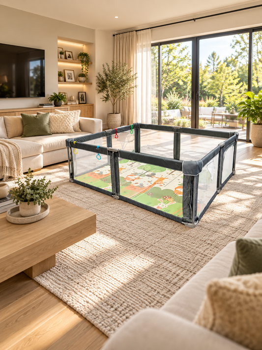 PREVENTA Corral de seguridad plegable para bebé 180×200 cm con accesorios gris