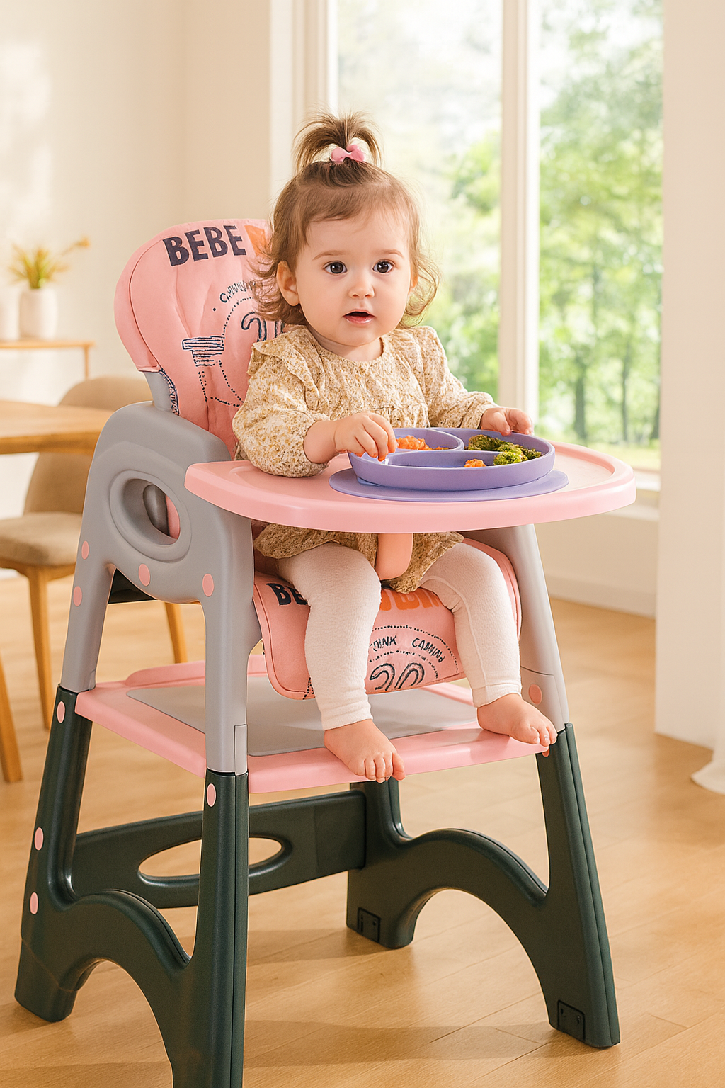 Silla de comer bebe rosada