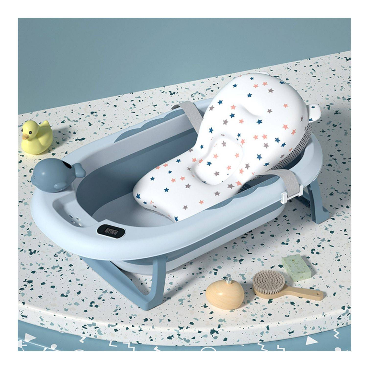 Bañera plegable con termómetro azul incluye cojin