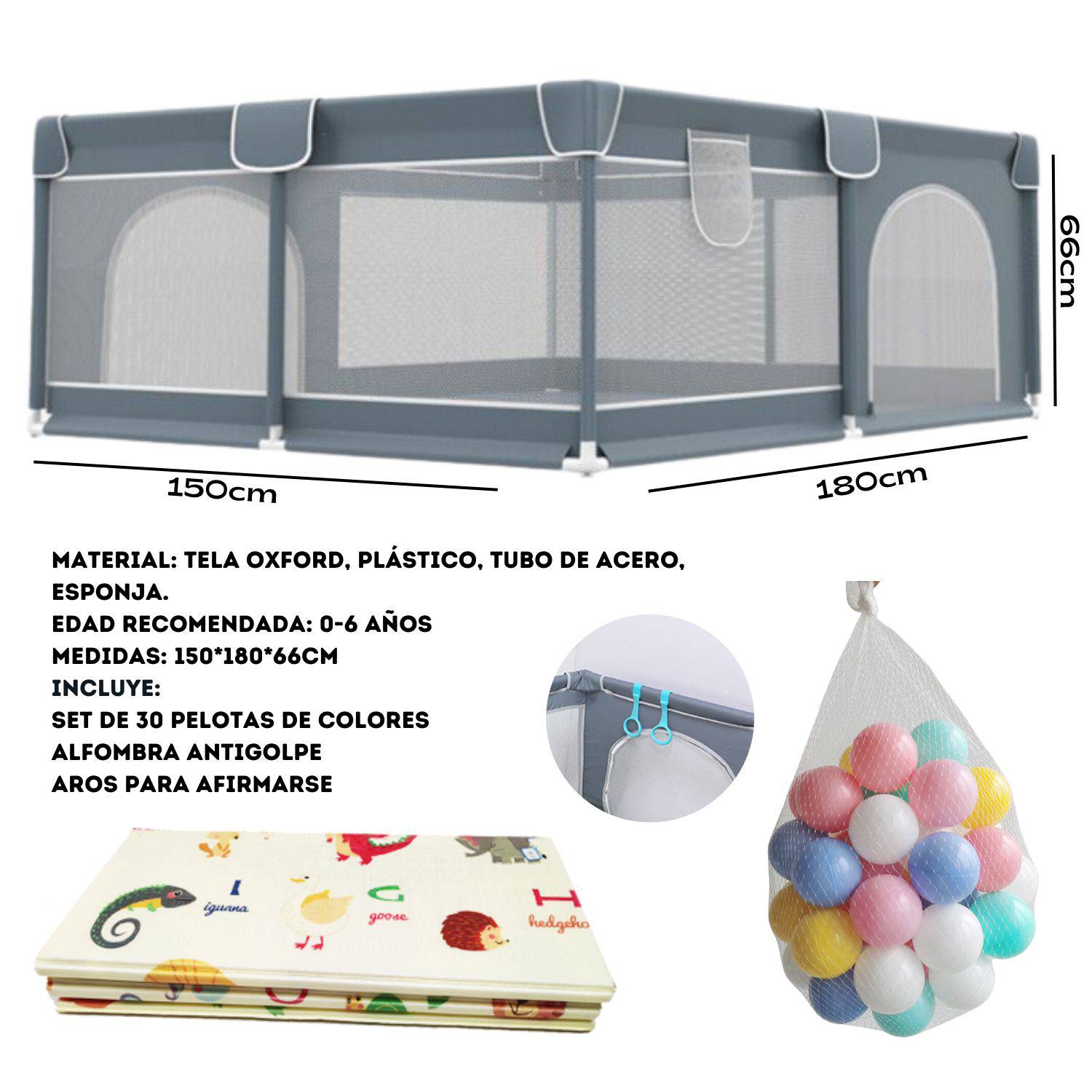 Corral para bebe de seguridad incluye accesorios 150x180cm