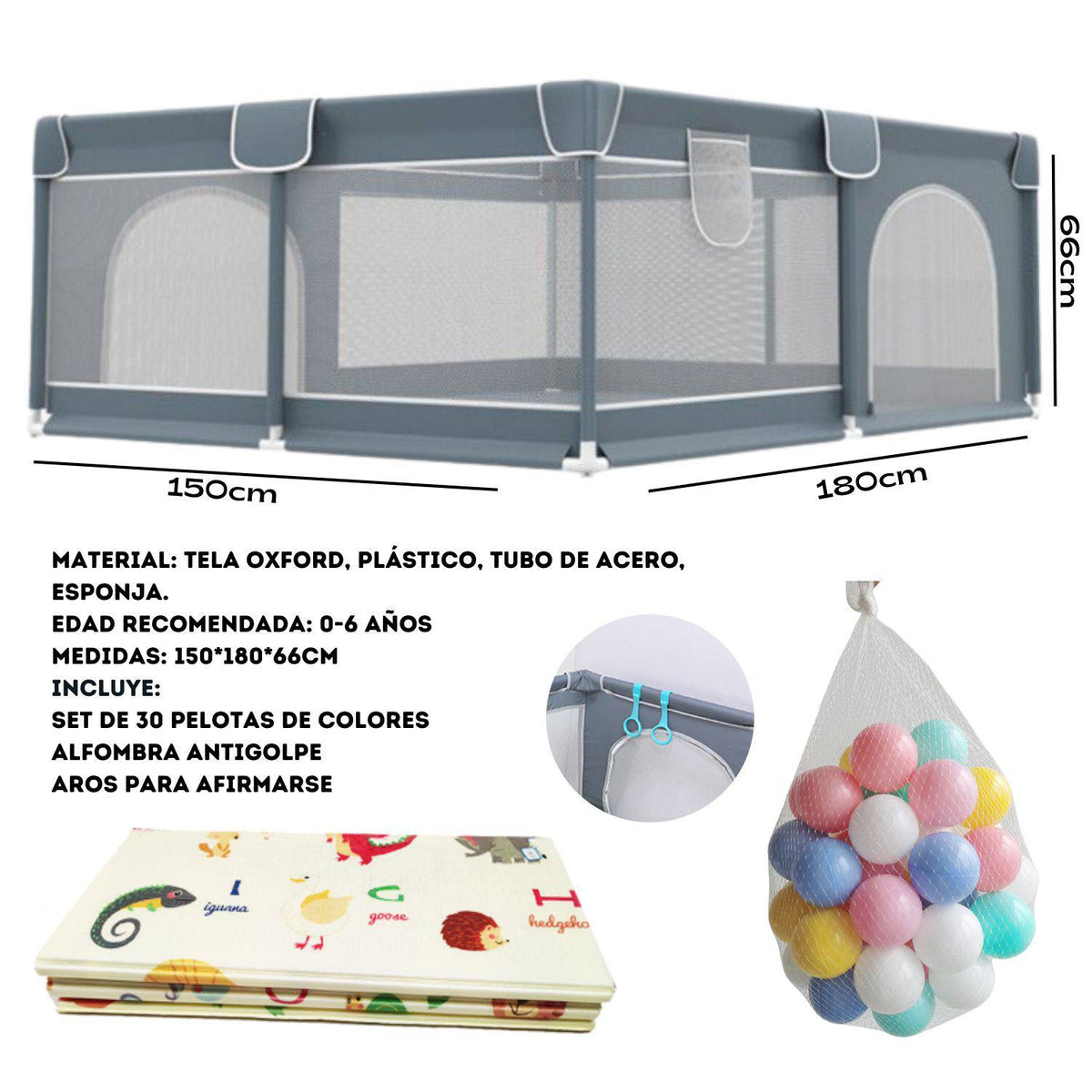 Corral para bebe de seguridad incluye accesorios 150x180cm