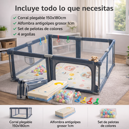 Corral de seguridad plegable para bebé 150×180 cm con accesorios gris