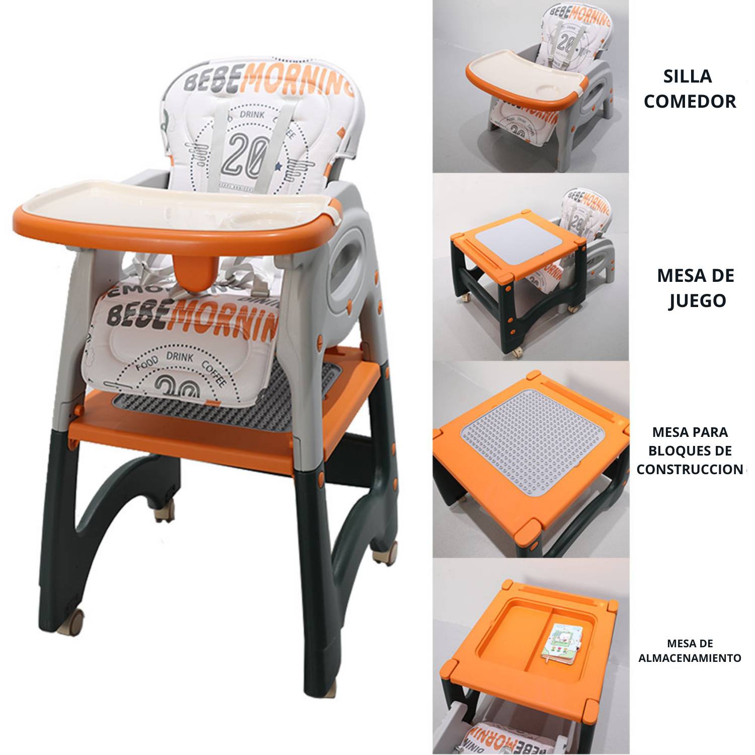 Silla de comer para bebe 3 en 1 multifunciones naranjo