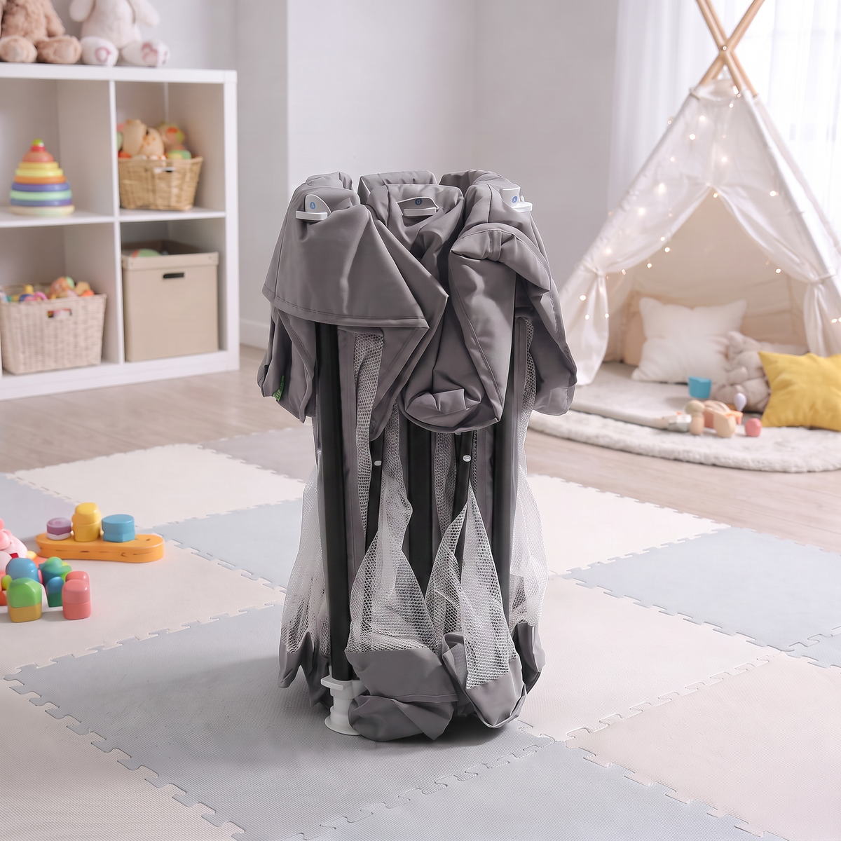 Corral para bebe de seguridad plegable  124x124cm+ Alfombra antigolpe Gris