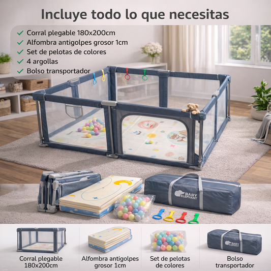 Corral de seguridad plegable para bebé 180×200 cm con accesorios gris