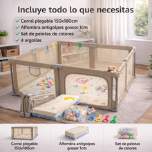 Corral de seguridad plegable para bebé 150×180 cm con accesorios beige