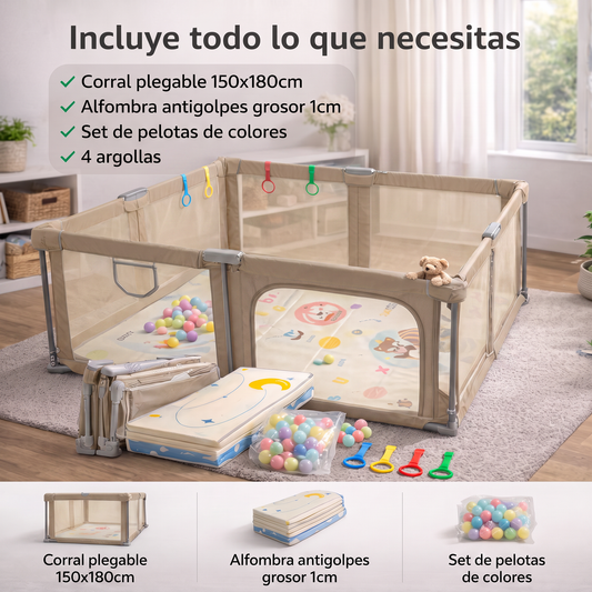 Corral de seguridad plegable para bebé 150×180 cm con accesorios beige